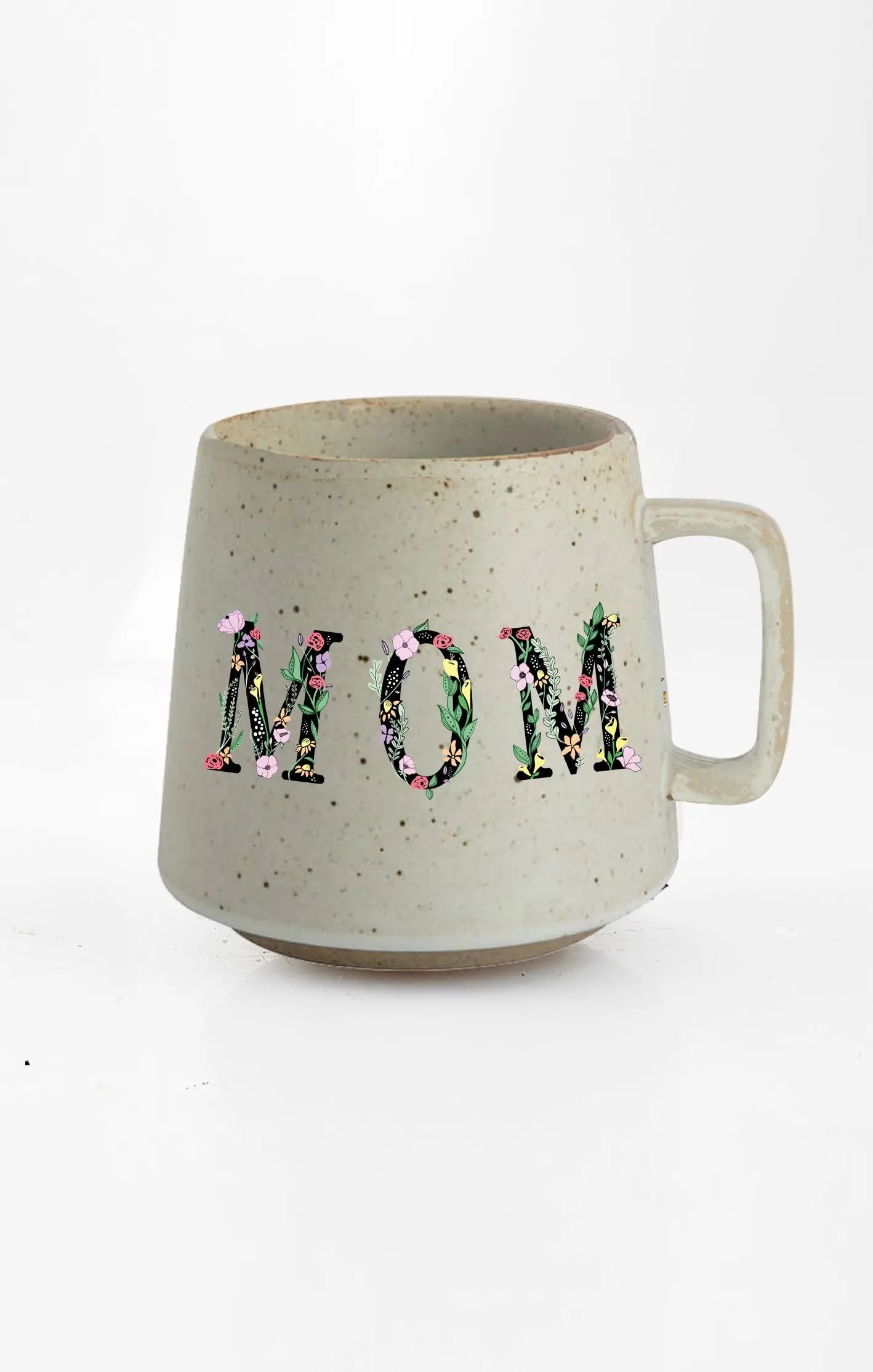 Speckled ceramic mug with floral 'MOM' design, cozy farmhouse home decor gift