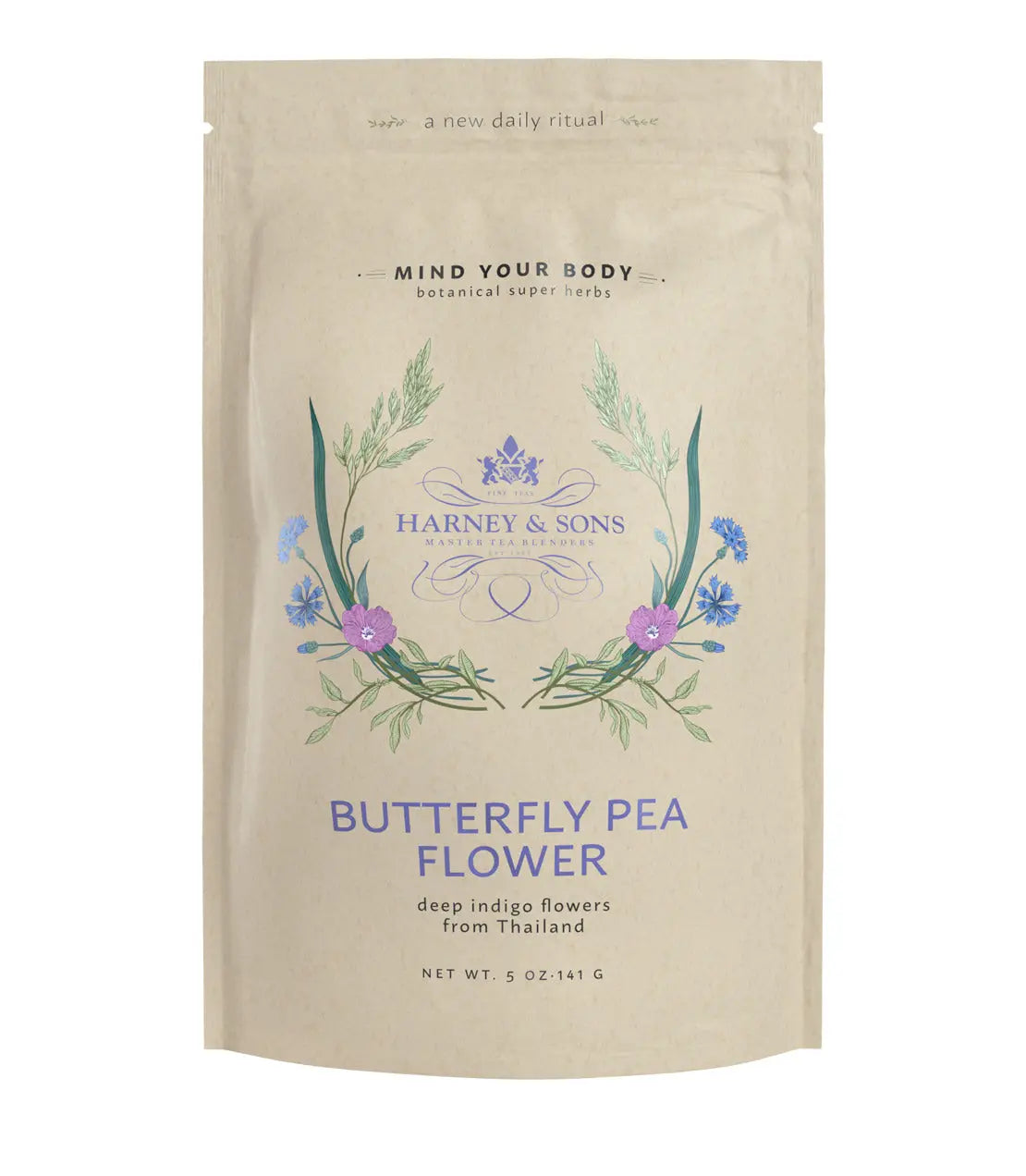 Beige package of Harney & Sons Butterfly Pea Flower with floral design and text on a white background