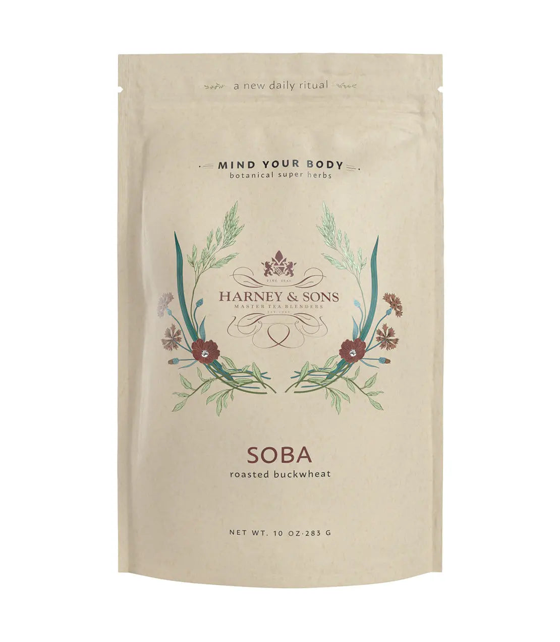 Harney & Sons Soba roasted buckwheat package on a white background