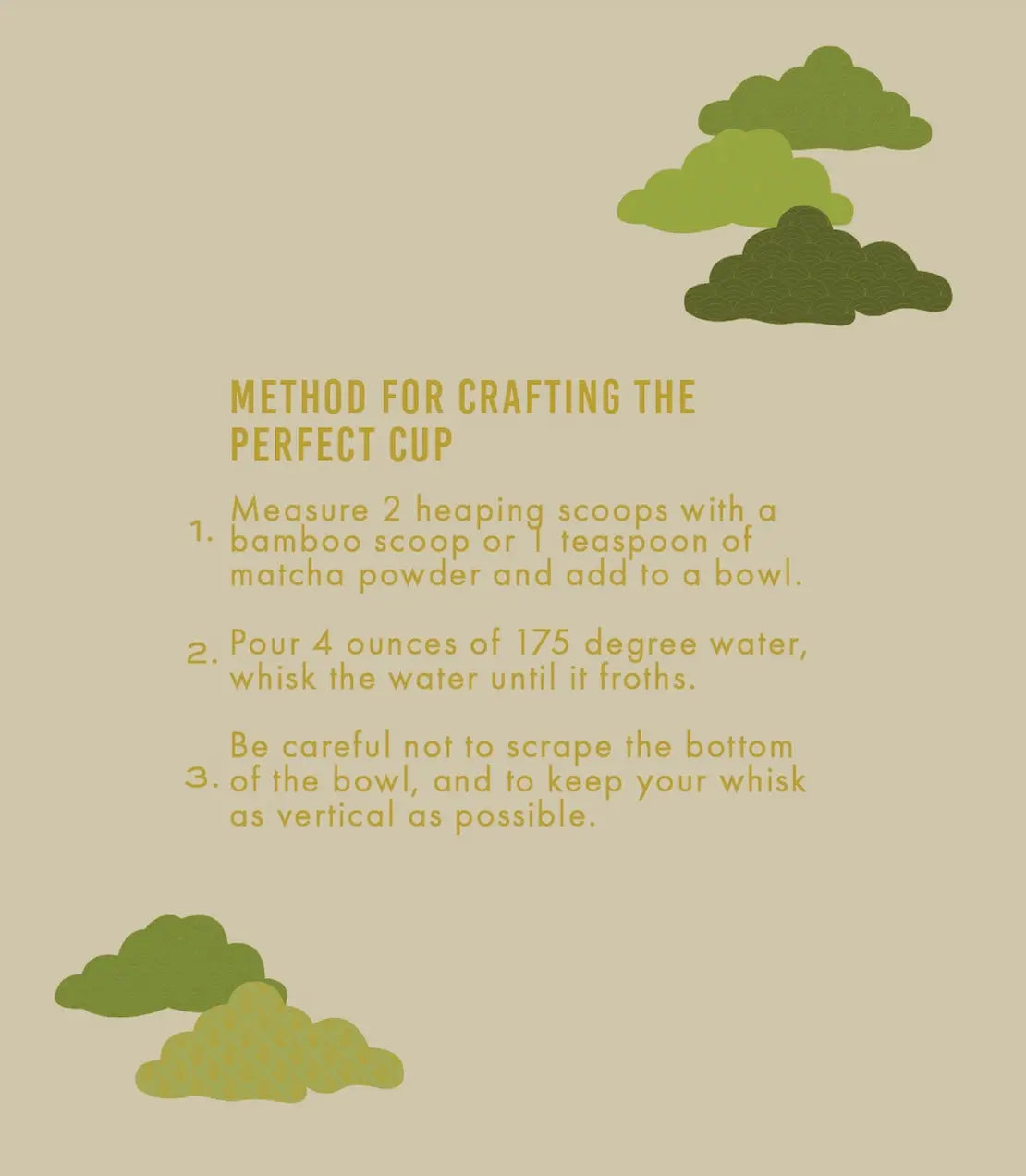 Matcha brewing guide with steps for perfect cup, cozy farmhouse style illustration
