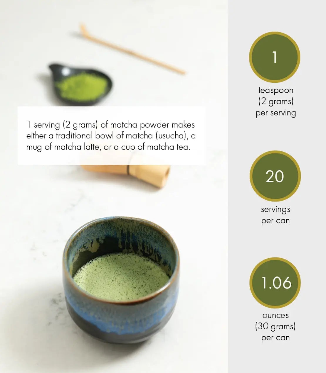 Matcha tea in ceramic bowl with powder and whisk, 1 tsp per serving, 20 servings per can