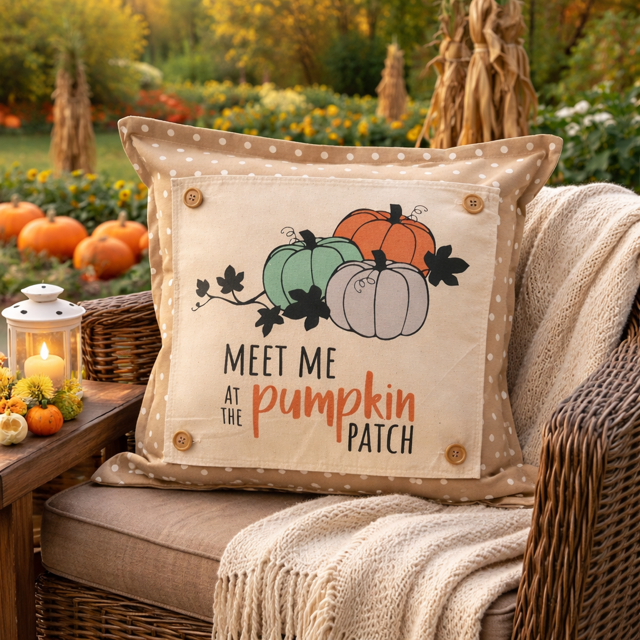 Decorative pillow with pumpkins and text 'Meet me at the pumpkin patch' on a couch outdoors.