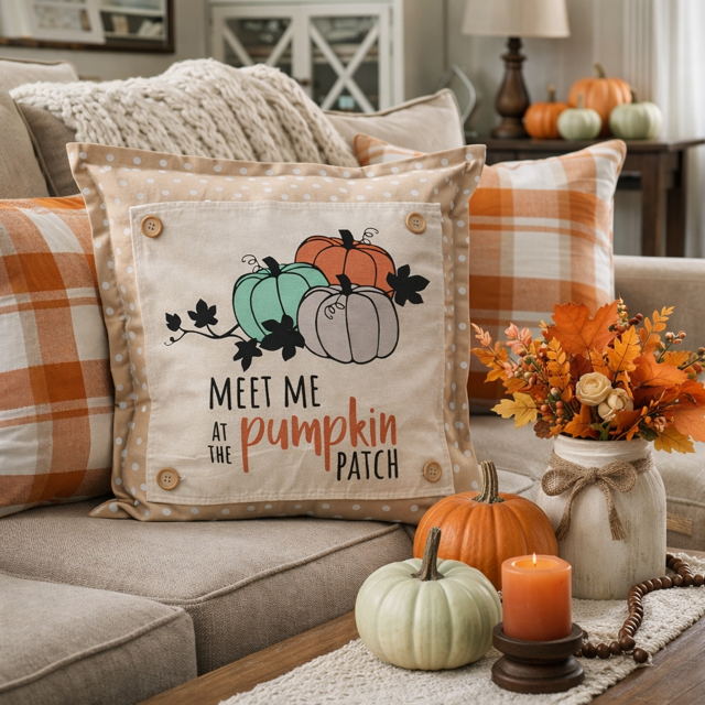 Decorative pillow with 'Meet me at the pumpkin patch' text on a couch with fall decorations.