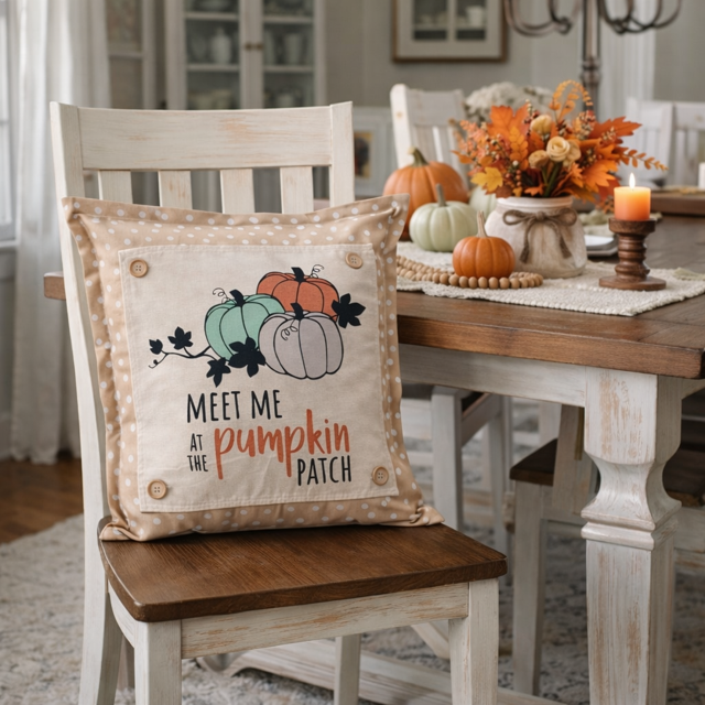 Decorative pillow with pumpkin design on a chair in a dining room setting.