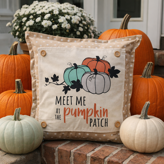 Decorative pillow with pumpkins and text 'Meet me at the pumpkin patch' surrounded by pumpkins on a brick surface.