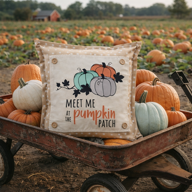Decorative pillow with pumpkin design and text in a cart with pumpkins at a pumpkin patch.