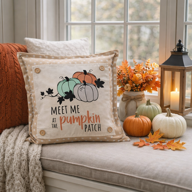 Decorative pillow with pumpkins and text on a couch with pumpkins and leaves.
