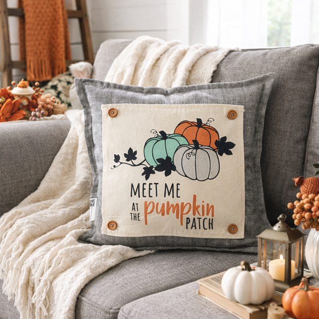 Decorative pillow with pumpkins and text on a gray couch with fall decorations.