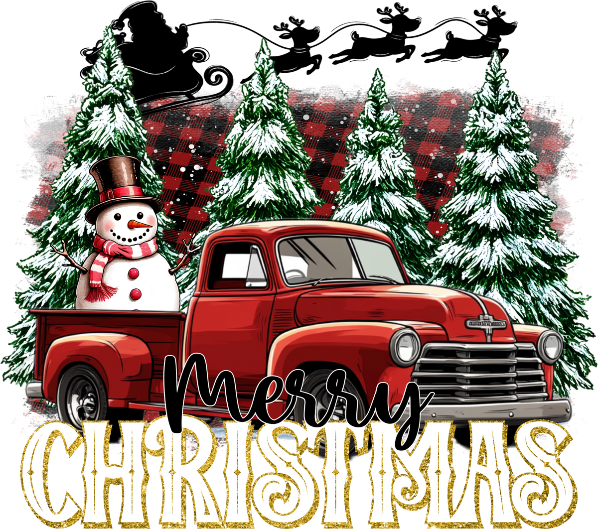 A festive Christmas graphic featuring a red pickup truck with a snowman in the bed, snow-covered pine trees, Santa Claus flying in Santa Claus, with the text 'Merry Christmas' in large gold and black lettering.