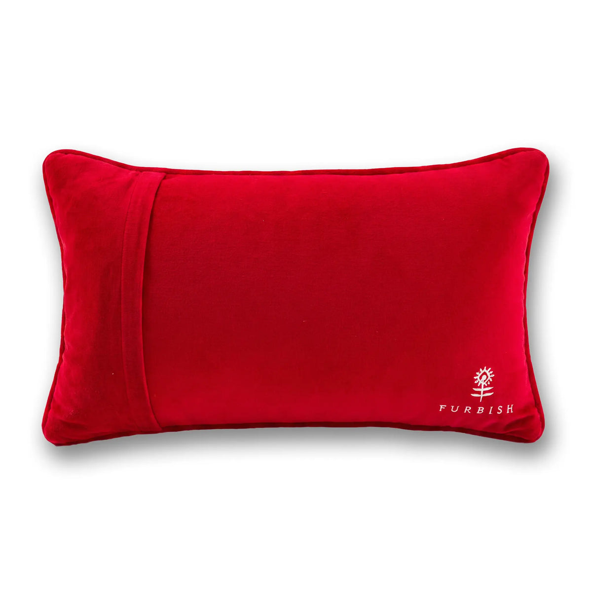 A red rectangular lumbar pillow with a vertical seam on the left side and a small white embroidered logo for 'FURDISH' in the bottom right corner, set against a plain white background.