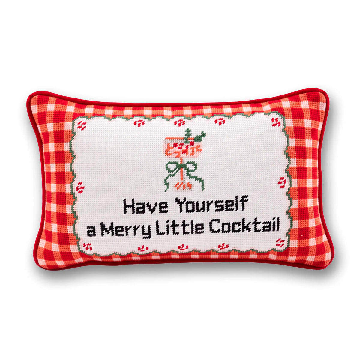 A rectangular cross-stitch pillow with a red and white gingham border and a white stitched center panel. The panel features a small embroidered cocktail glass with a red rose and the text 'Have Yourself a Merry Little Cocktail' in black lettering.