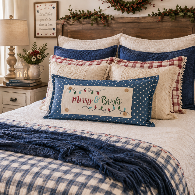 A festive Christmas-themed lumbar pillow with 'Merry & Bright' text and string lights, styled on a bed with other cozy bedding and holiday decor.