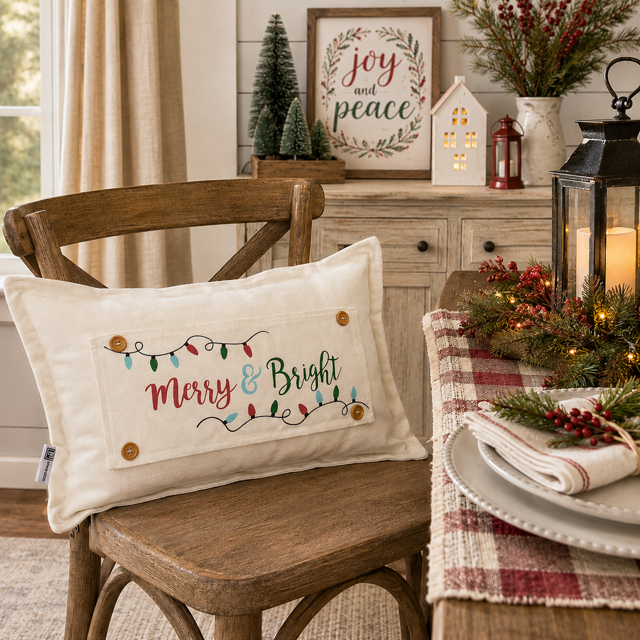 A cream fabric holiday throw pillow with 'Merry & Bright' embroidered in red and green, decorated with colorful string lights and wooden buttons, resting on a rustic wooden chair in a cozy, decorated living room.