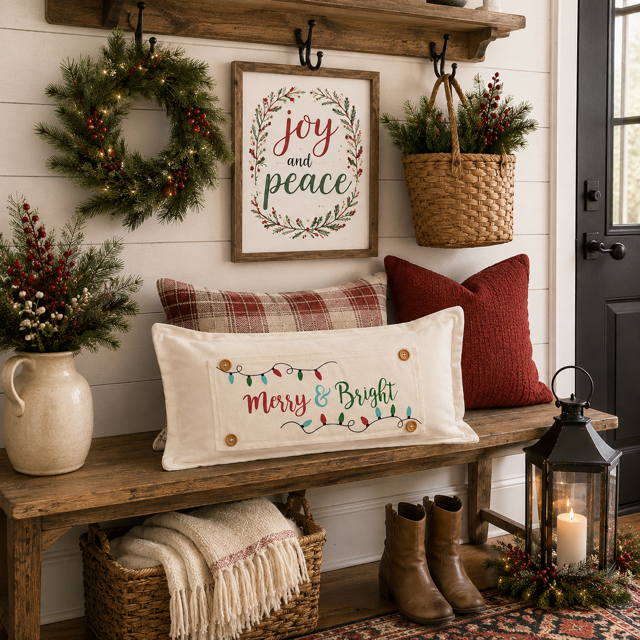 A styled holiday entryway scene with a white embroidered pillow reading “Merry & Bright” on a rustic wooden bench, alongside plaid and red throw pillows, a wreath, basket, lantern, boots, and a framed “Joy and Peace” sign on a white shiplap wall.