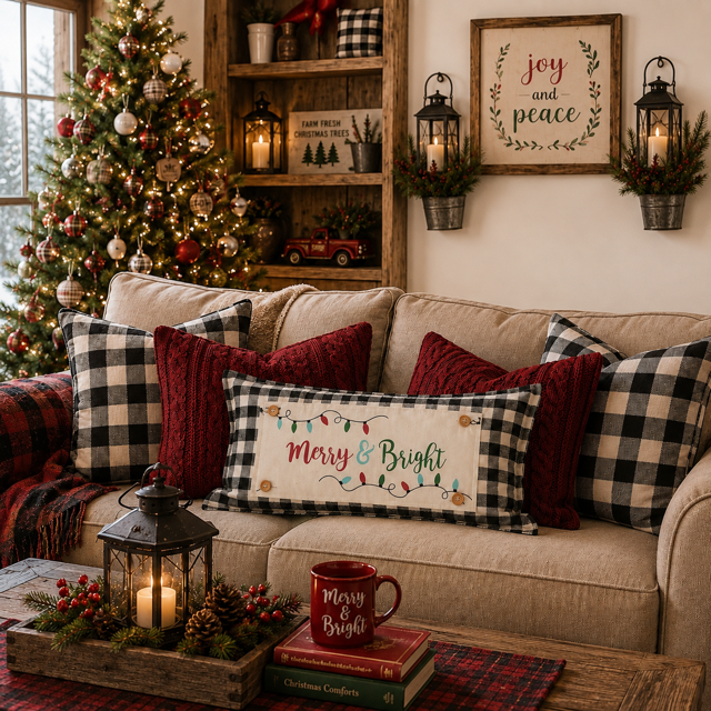 A cozy living room scene with a beige sofa decorated with red knit and black-and-white buffalo plaid pillows, including a central pillow that reads 'Merry & Bright' with colorful holiday lights. A decorated Christmas tree, wooden shelves, lanterns, and a coffee table with a candle and books are visible in the background.