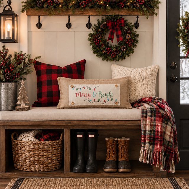 A festive front porch bench styled with holiday decor, featuring a beige burlap pillow with a 'Merry & Bright' Christmas design, a red and black buffalo plaid pillow, a cream knit pillow, and a red plaid throw blanket. The bench has open storage shelves with black rain boots and a wicker basket underneath, set against a white shiplap wall with a green wreath.