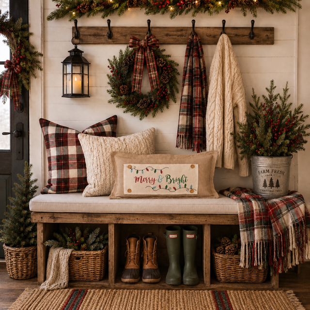 A rustic wooden entryway bench styled with cozy holiday decor, including plaid and cream pillows, a 'Merry & Bright' decorative pillow, a plaid throw blanket, green rain boots, baskets of greenery, and a wreath hanging on the wall behind it.