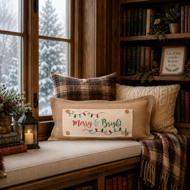 A cozy holiday-themed home decor scene featuring a rectangular beige throw pillow with a 'Merry & Bright' Christmas light design, styled on a wooden window seat next to a bookshelf.