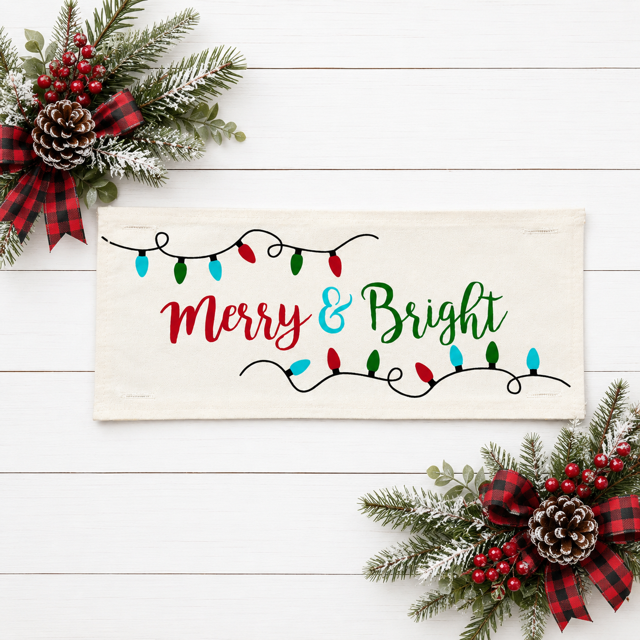 A rectangular cream fabric sign with 'Merry & Bright' in red and green script, decorated with black string lights and colorful holiday bulbs, styled on a white wood background with festive greenery and red plaid accents.