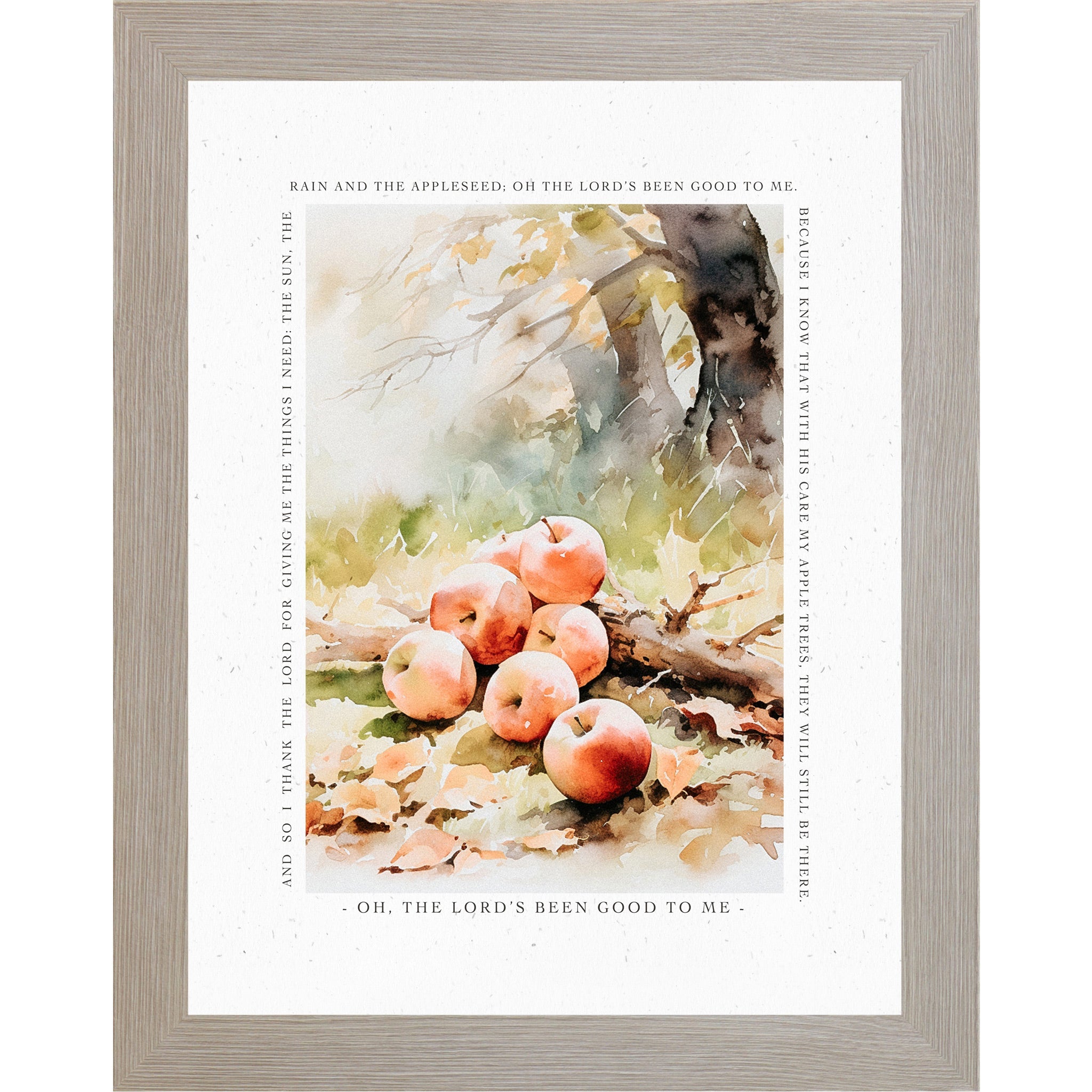 Framed artwork with apples and text on a white background