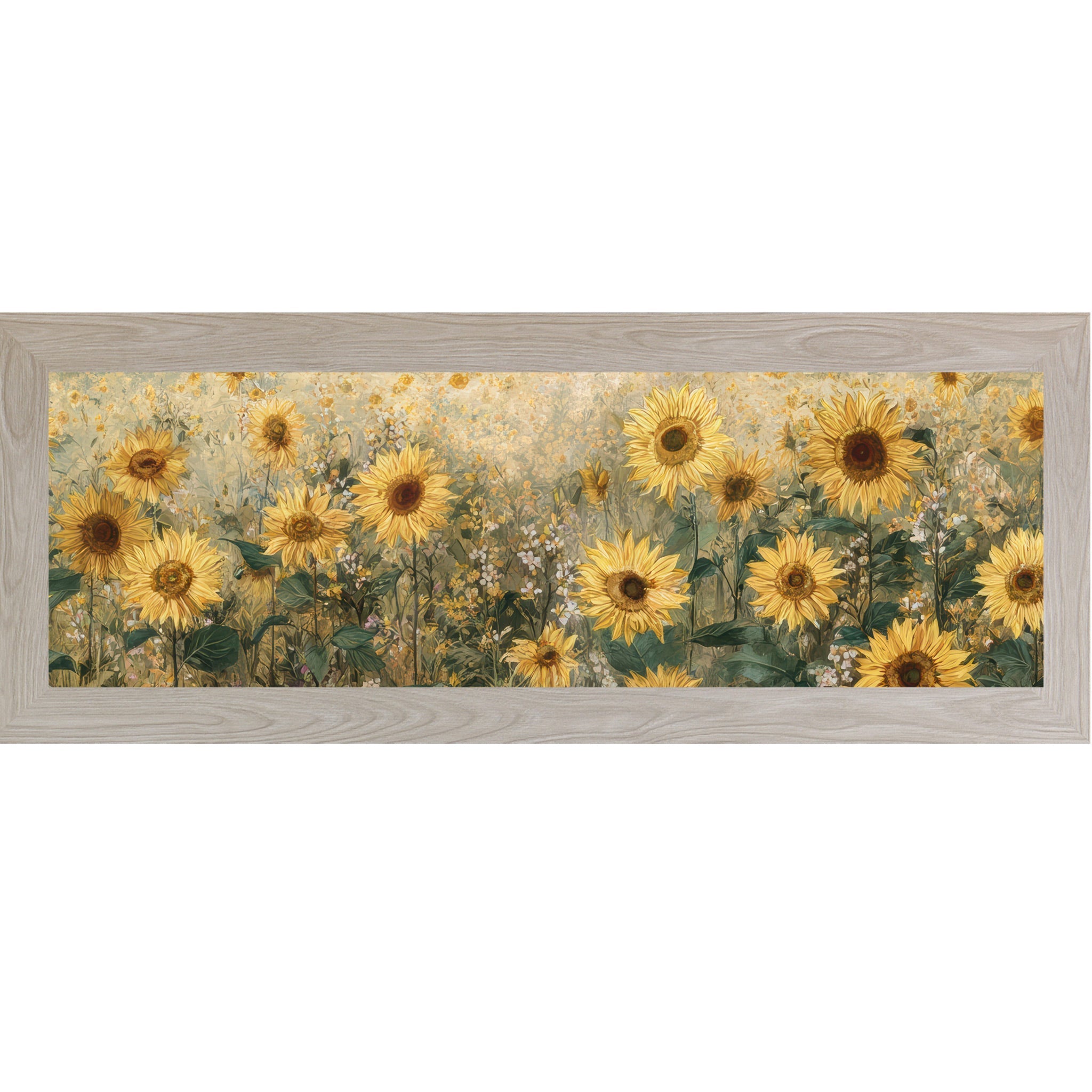 Framed artwork of sunflowers and wildflowers on a white background