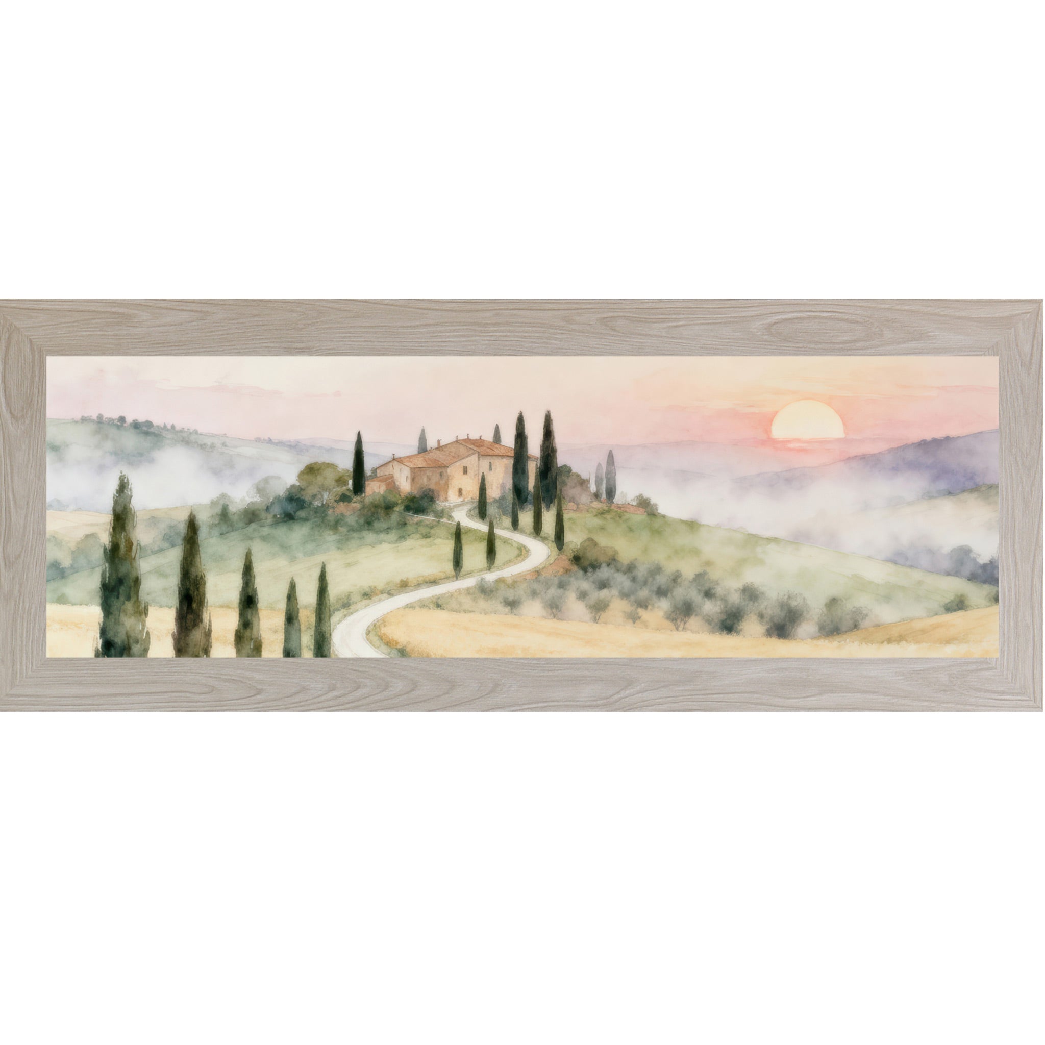 Framed artwork of a Tuscan landscape with a sunset.
