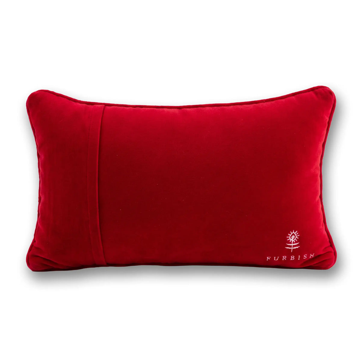 A rectangular red velvet lumbar pillow with a vertical channel detail on the left side and a small white embroidered logo for 'FURBISH' in the bottom right corner, set against a plain white background.