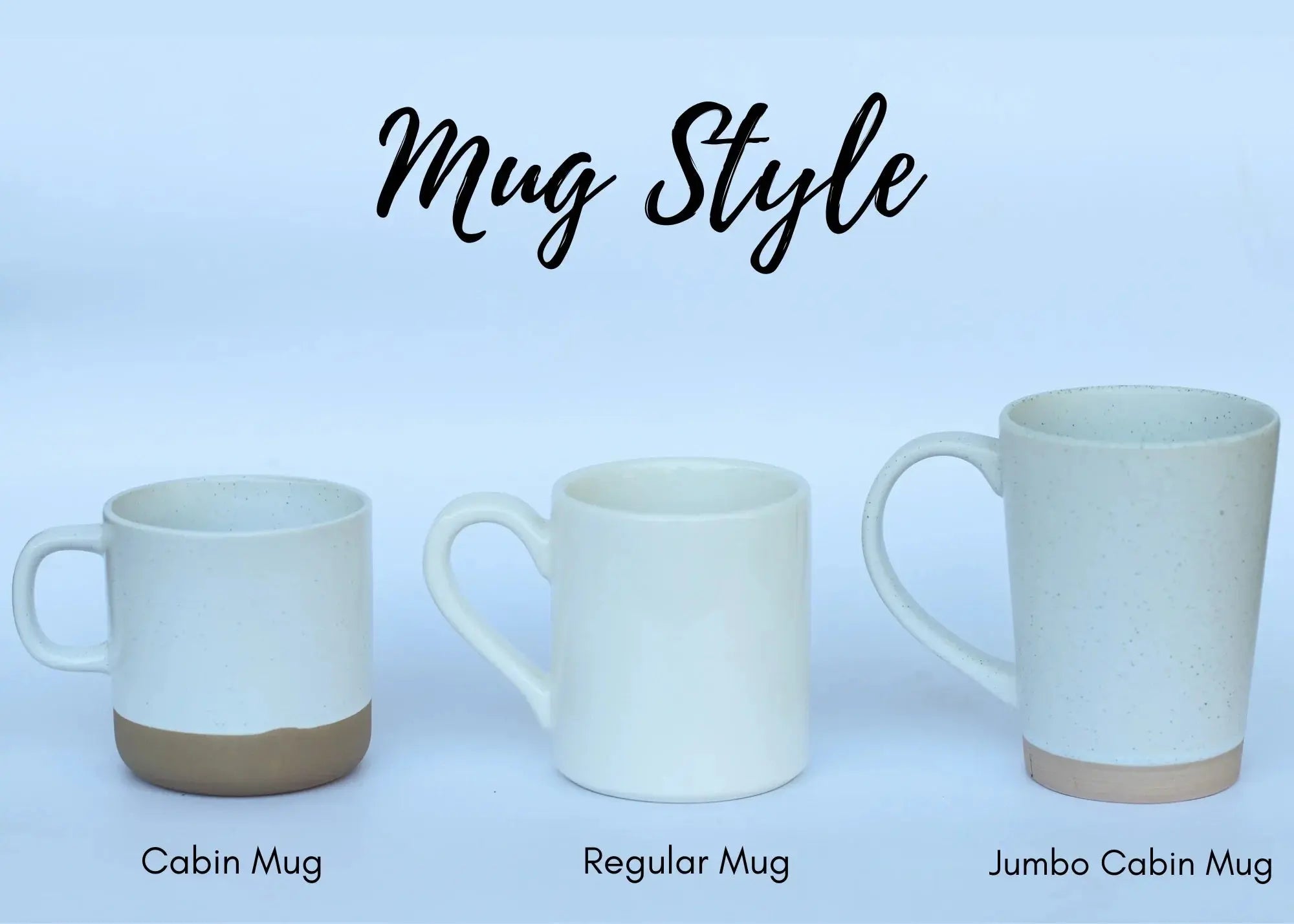Cabin, regular, and jumbo cabin mugs in farmhouse style for cozy home decor