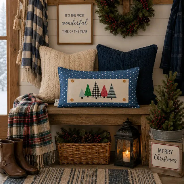 A festive Christmas-themed home decor display featuring a blue rectangular lumbar pillow with a tree pattern, styled on a rustic wooden bench with other cozy pillows, a plaid throw blanket, boots, a lantern, and a small potted tree.
