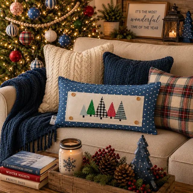 A rectangular blue throw pillow with a white polka-dot border and a stitched Christmas tree design in green, black, and red, styled on a beige sofa in a cozy holiday living room setting.