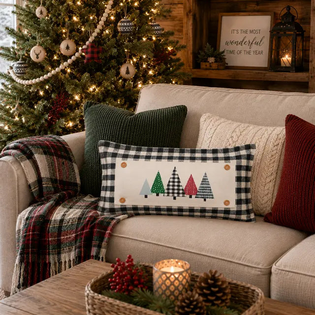 A rectangular decorative throw pillow with a black-and-white gingham border and embroidered pine trees in green, blue, pink, and gray, styled on a beige sofa in a cozy holiday living room with a Christmas tree, plaid throw blanket, and candles.