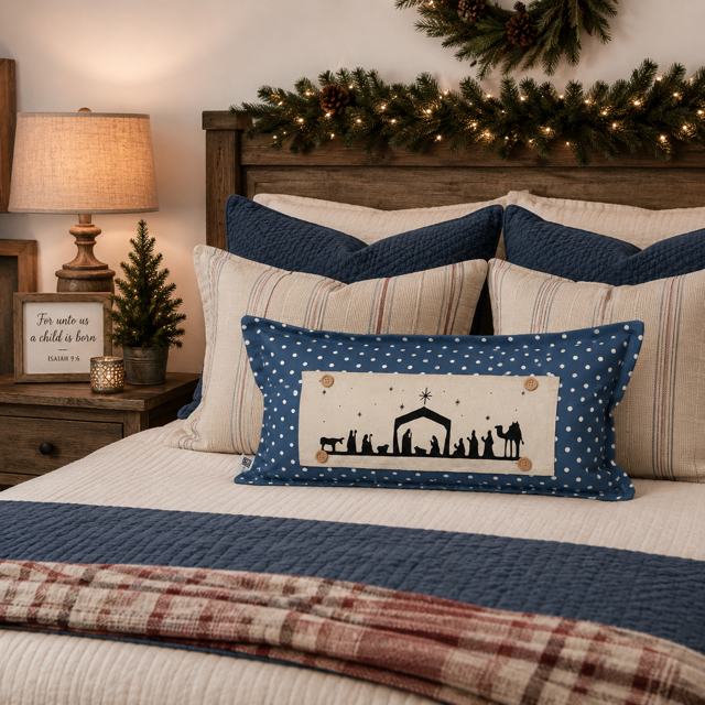 A rectangular Christmas-themed lumbar pillow with a nativity scene print, styled on a bed with other blue and striped pillows in a warm, decorated bedroom setting.