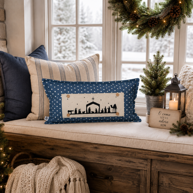 A rectangular decorative throw pillow with a blue and white polka-dot border and a central cream panel showing a black nativity scene, styled on a wooden bench in a cozy, snow-viewed living room.