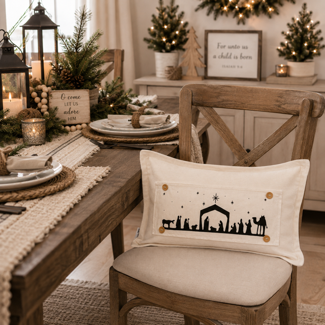 A rectangular cream throw pillow with a black embroidered Nativity scene and gold button accents, resting on a wooden dining chair in a decorated holiday dining room.