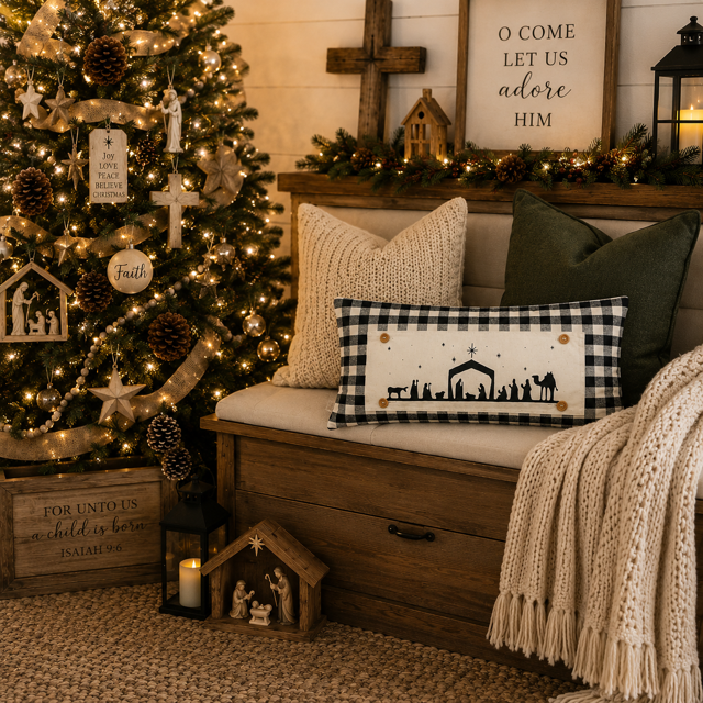 A rectangular black-and-white buffalo plaid pillow with a black nativity scene silhouette is styled on a wooden bench in a cozy Christmas living room setting next to a decorated tree, throw blanket, and rustic decor.