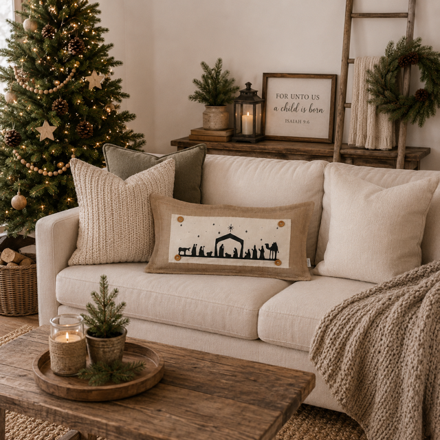 A cozy living room scene with a cream sofa styled with throw pillows, including a rectangular canvas pillow featuring a black nativity scene silhouette. The room is decorated for Christmas with a lit tree, wooden coffee table, and a framed sign in the background.