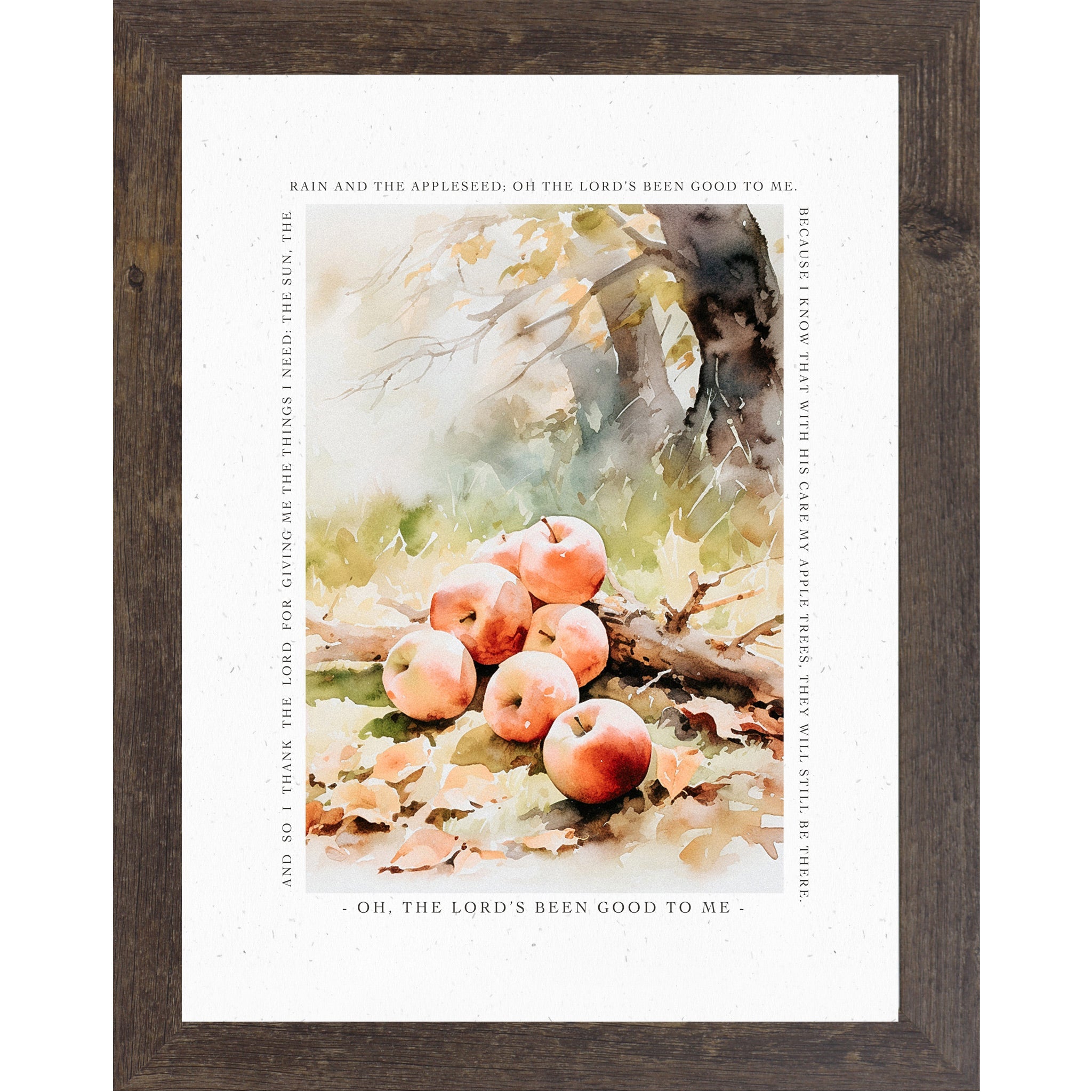 Framed artwork with apples and nature elements on a white background