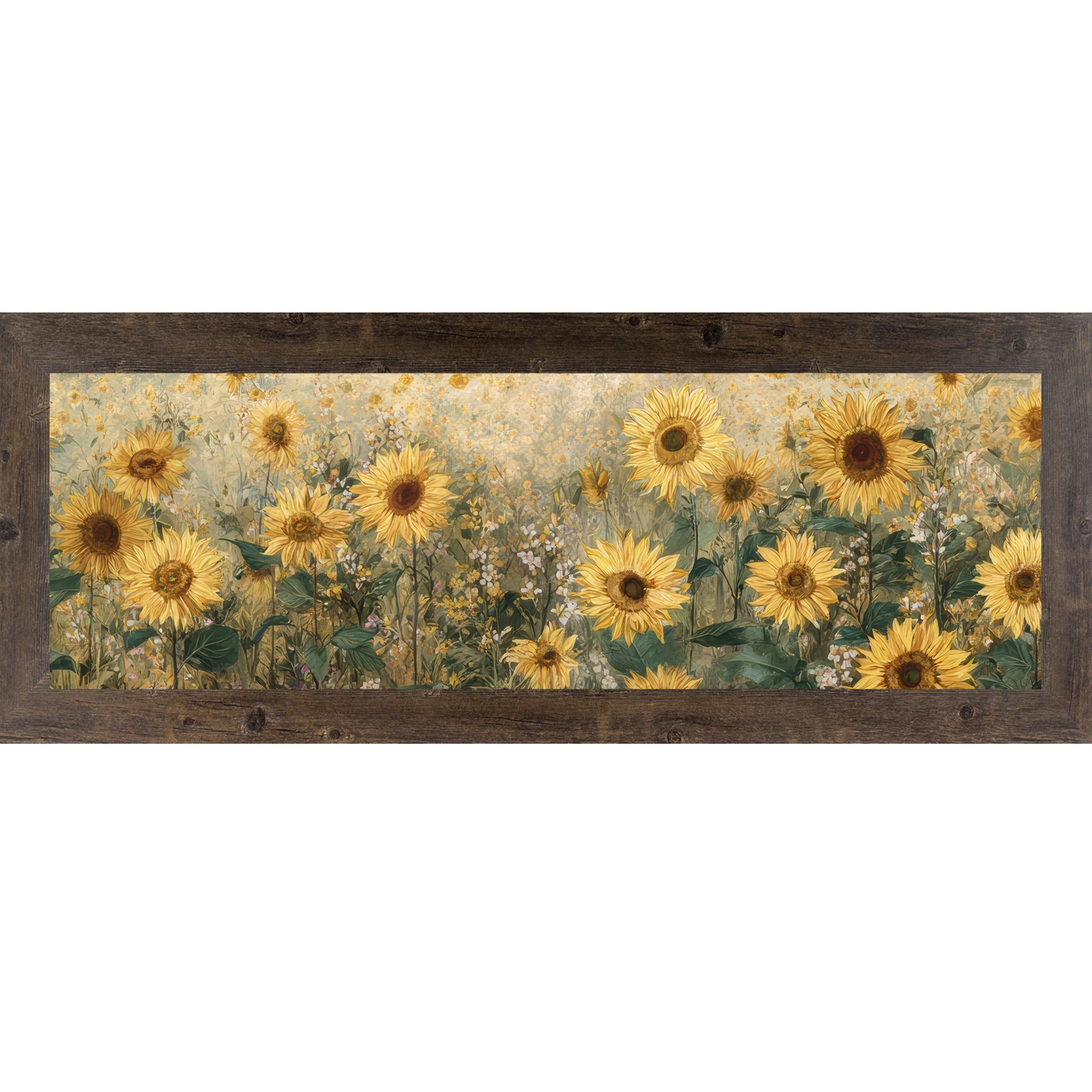 Framed artwork of sunflowers and wildflowers with a wooden frame.