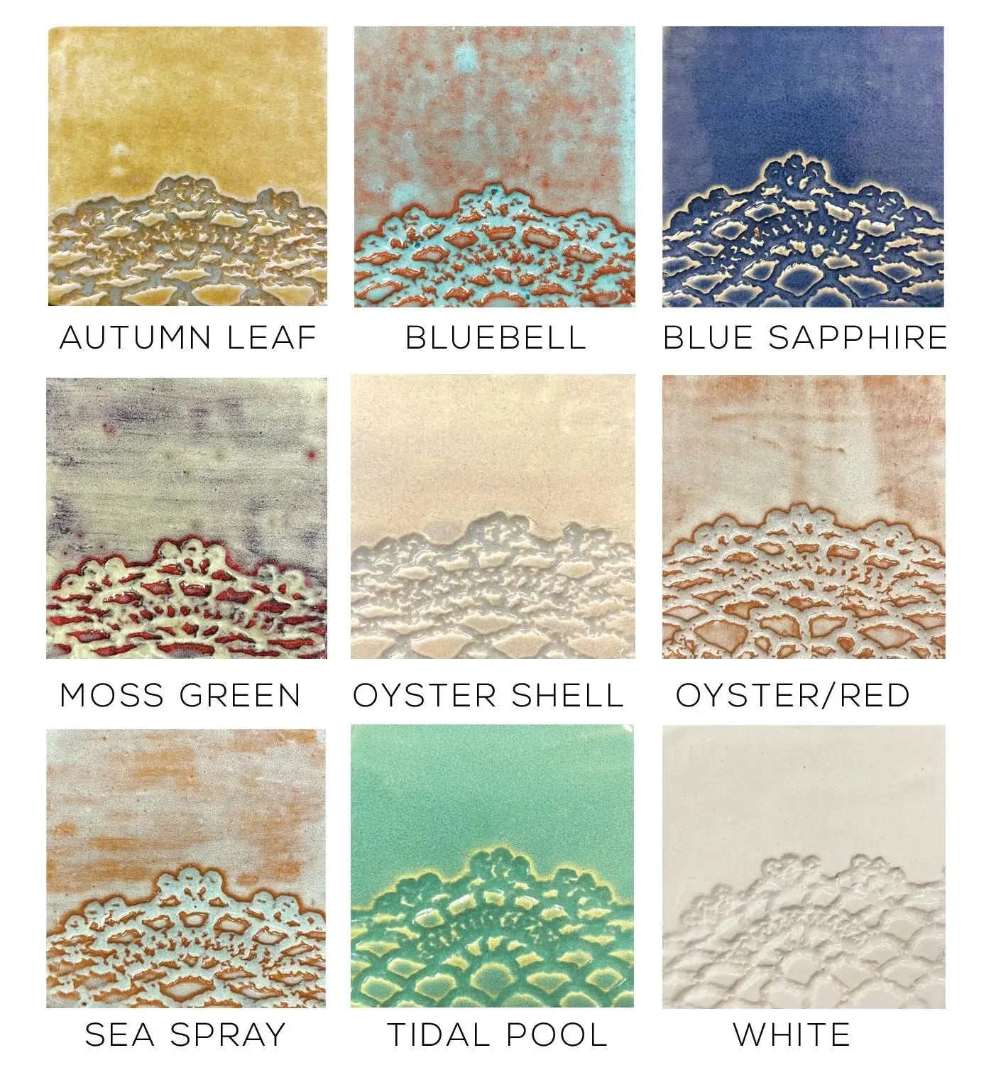 Ceramic tile glaze color chart with textured finishes in autumn leaf, bluebell, blue sapphire, moss green, oyster shell, and more