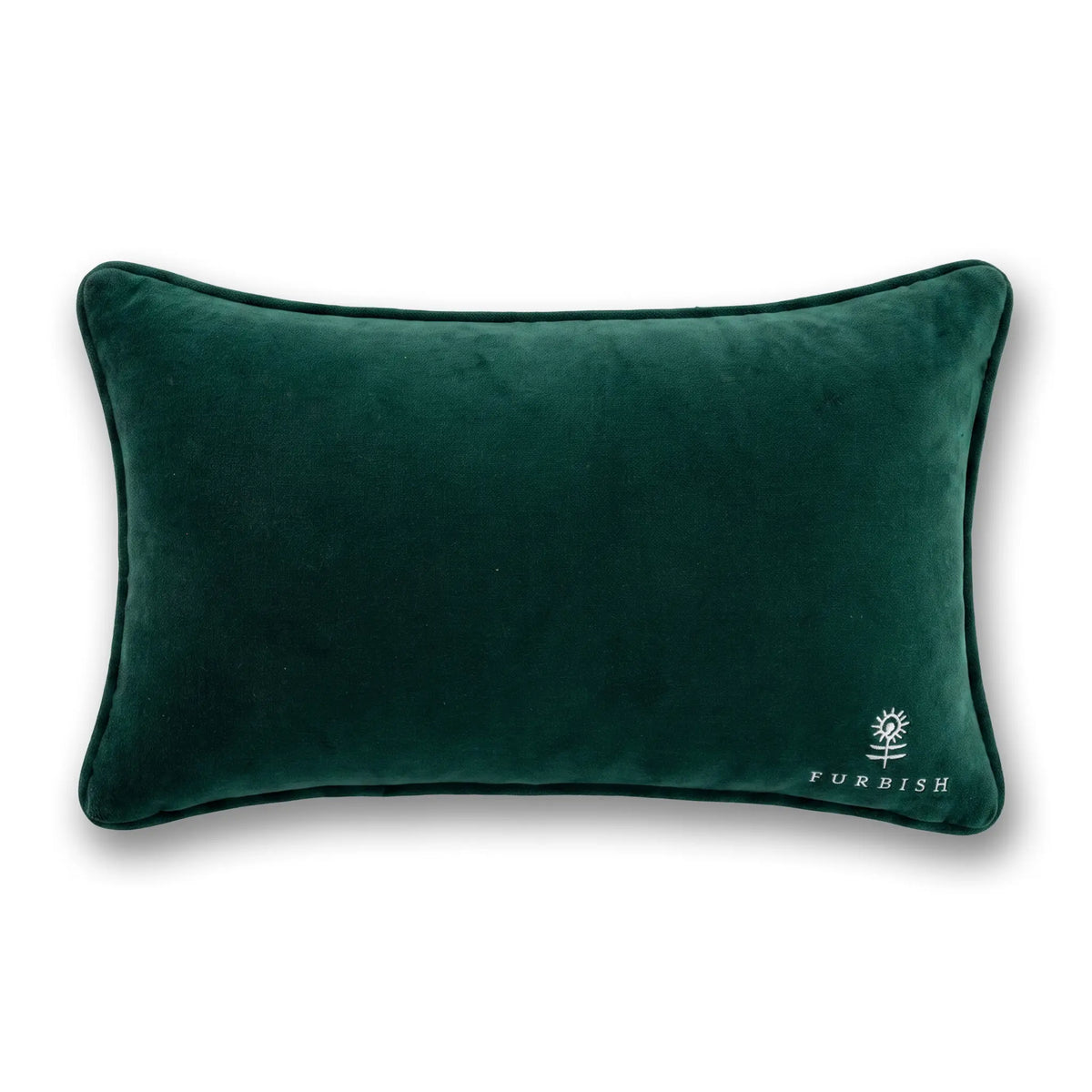 A dark green velvet rectangular lumbar pillow with piped edges and a small white embroidered 'FURBISH' logo in the bottom right corner, shown on a clean white background.