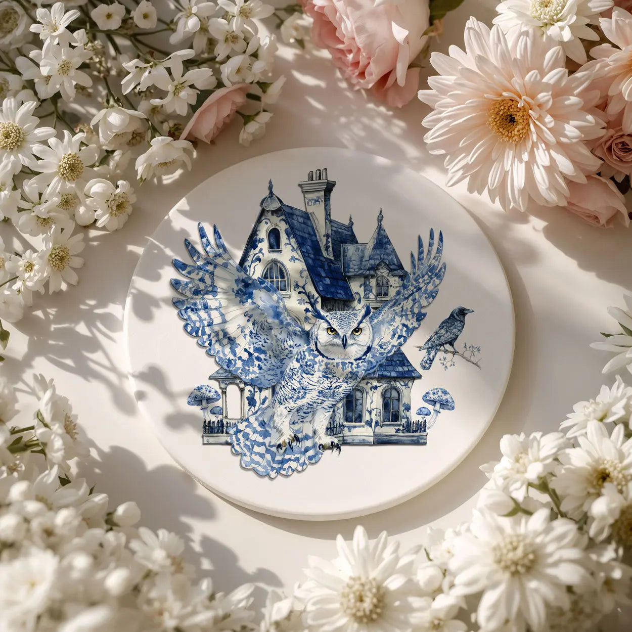 Decorative plate with blue and white house design surrounded by flowers