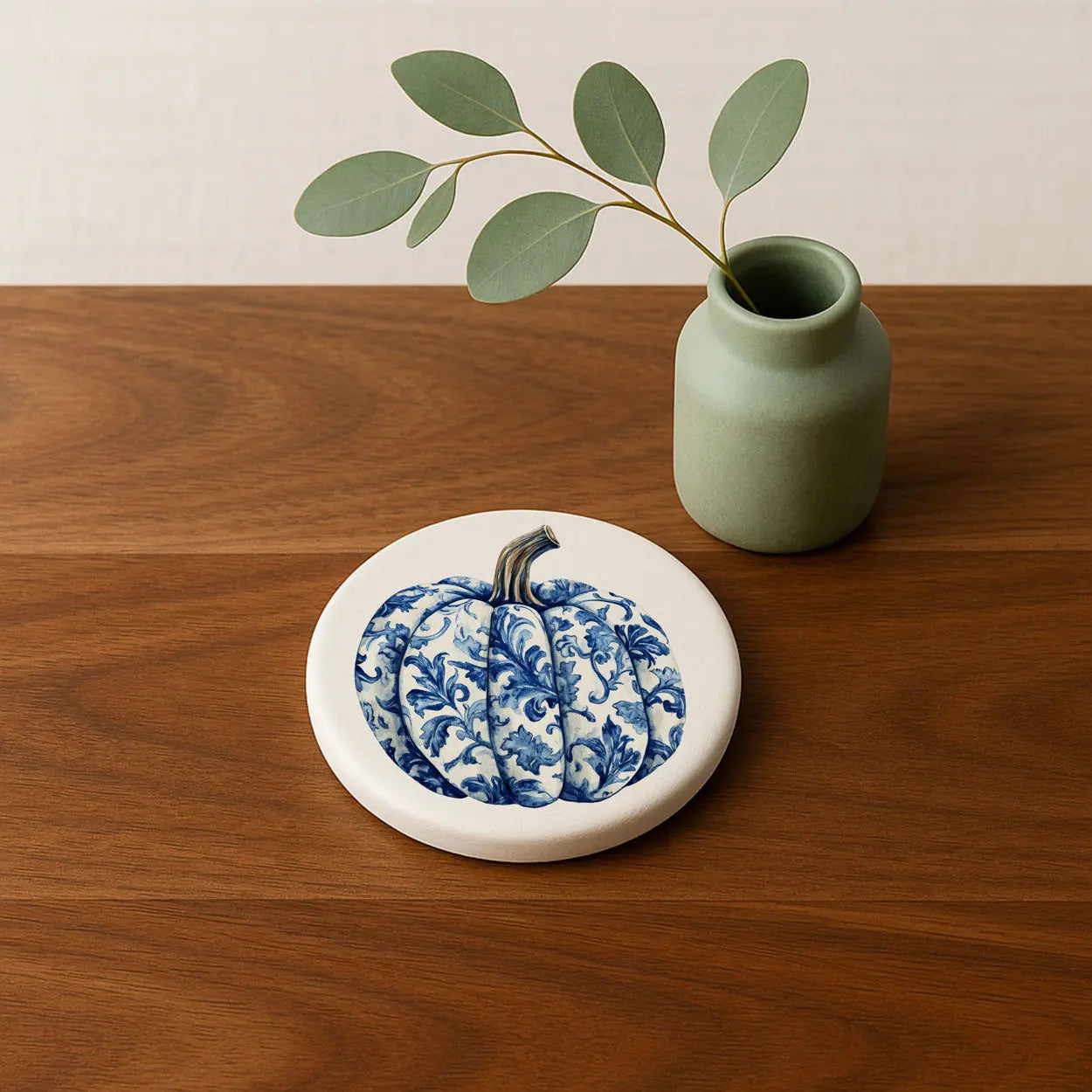 Coaster with blue floral pumpkin design on a wooden surface with a green vase and plant.