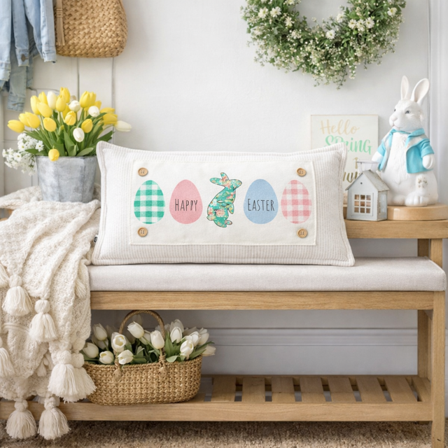Happy Easter Pastel Eggs & Bunny Interchangeable Rectangle Pillow Panel