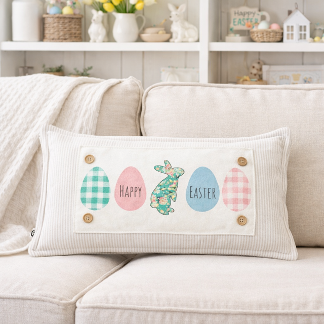 Happy Easter Pastel Eggs & Bunny Interchangeable Rectangle Pillow Panel