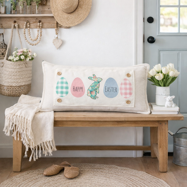 Happy Easter Pastel Eggs & Bunny Interchangeable Rectangle Pillow Panel