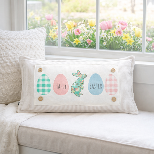 Happy Easter Pastel Eggs & Bunny Interchangeable Rectangle Pillow Panel