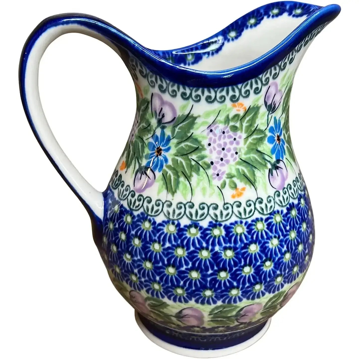 Hand-painted ceramic pitcher with blue floral pattern, farmhouse decor, cottage style home accent