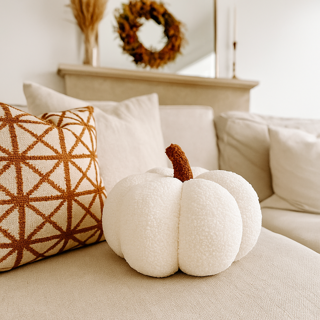 White pumpkin on a beige couch with decorative pillows and a wreath in the background