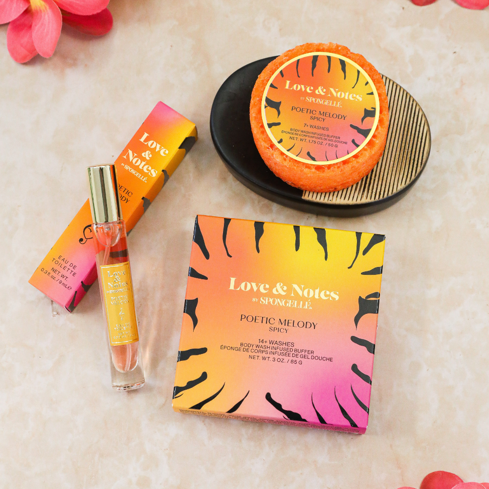Cosmetic products with 'Love & Notes' branding on a textured surface.