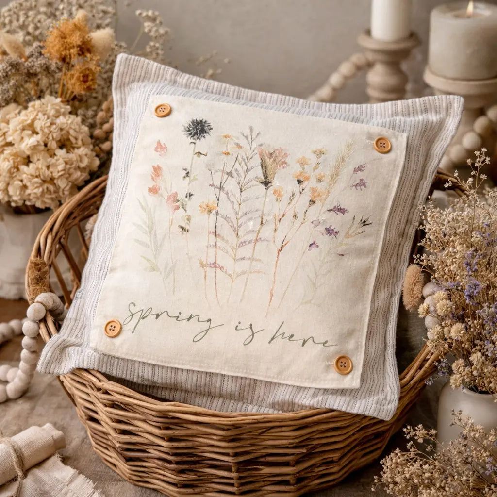 Decorative pillow with floral design and 'Spring is here' text in a wicker basket with dried flowers.